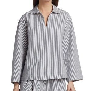 LAFAYETTE 148 New York "Dales" Oversized V-Neck Collared Shirt, Navy/White
